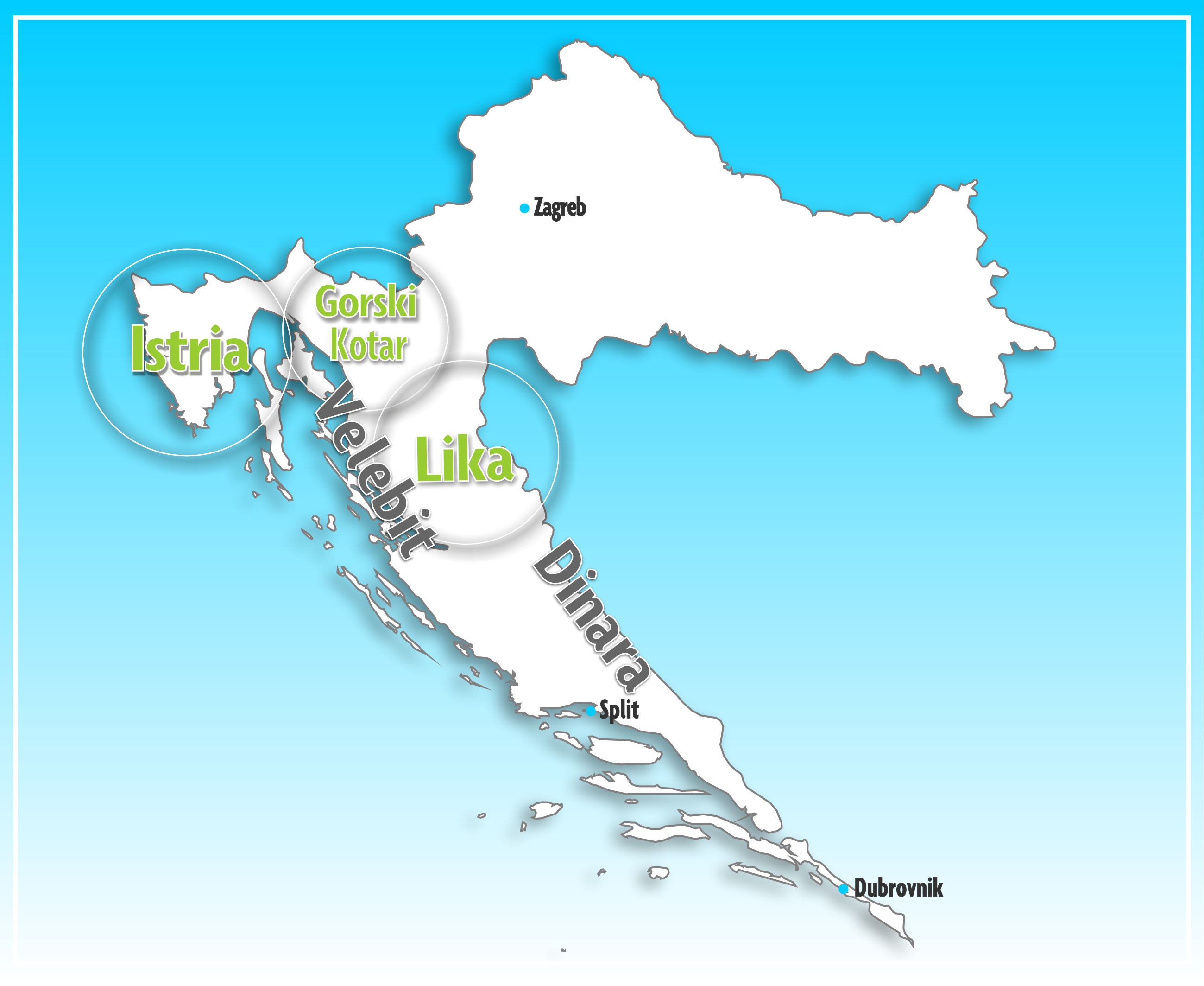 Regions for mountain biking in Croatia (map)